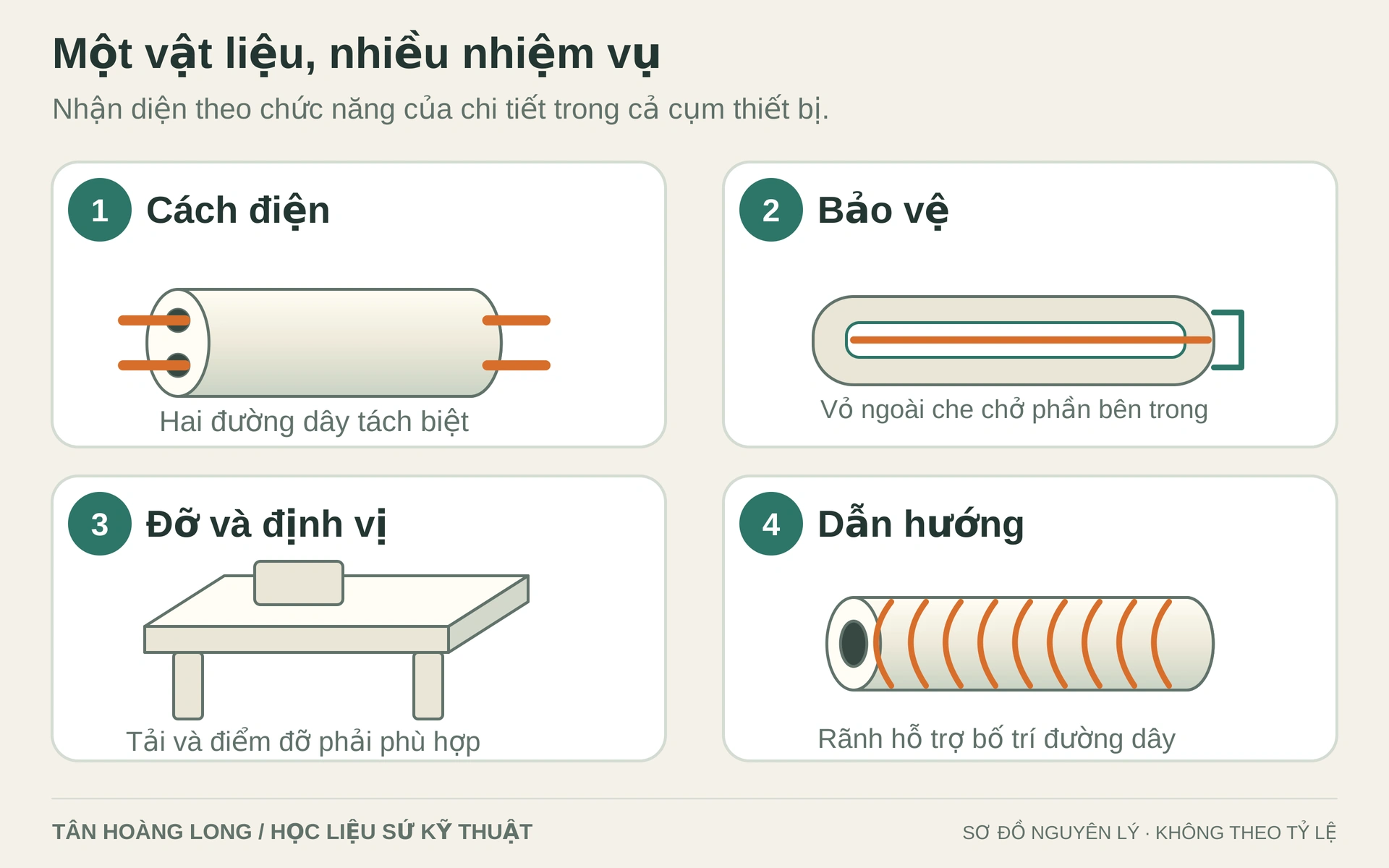 Ống, vỏ bảo vệ, tấm đỡ và lõi có rãnh minh họa bốn nhiệm vụ khác nhau. Hình dạng không xác nhận cấp vật liệu hoặc giới hạn vận hành.