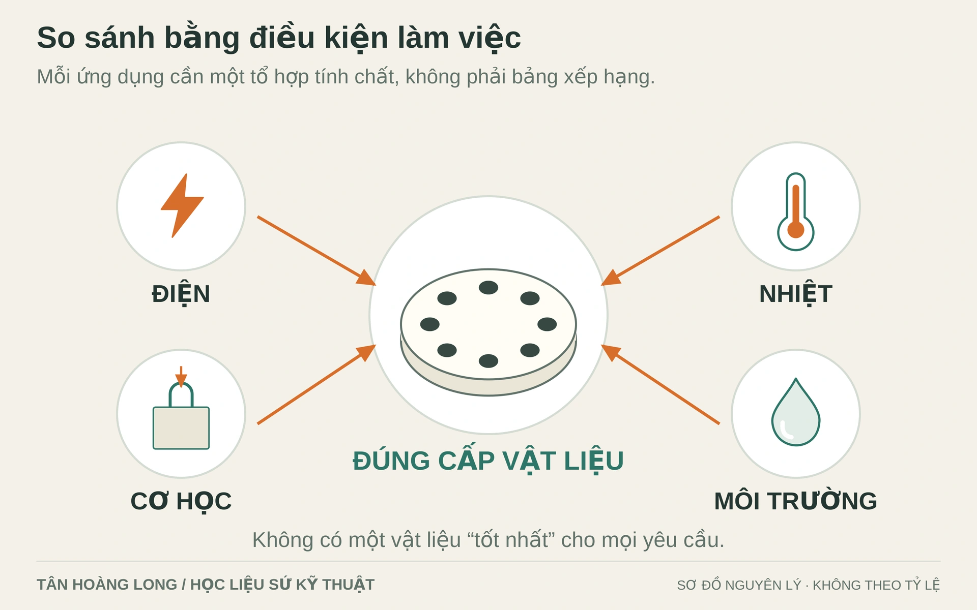 Điện, nhiệt, tải cơ học và môi trường cùng tạo nên yêu cầu. Một ưu điểm của hệ vật liệu không phải bảo đảm cho mọi hình dạng và mọi điều kiện sử dụng.