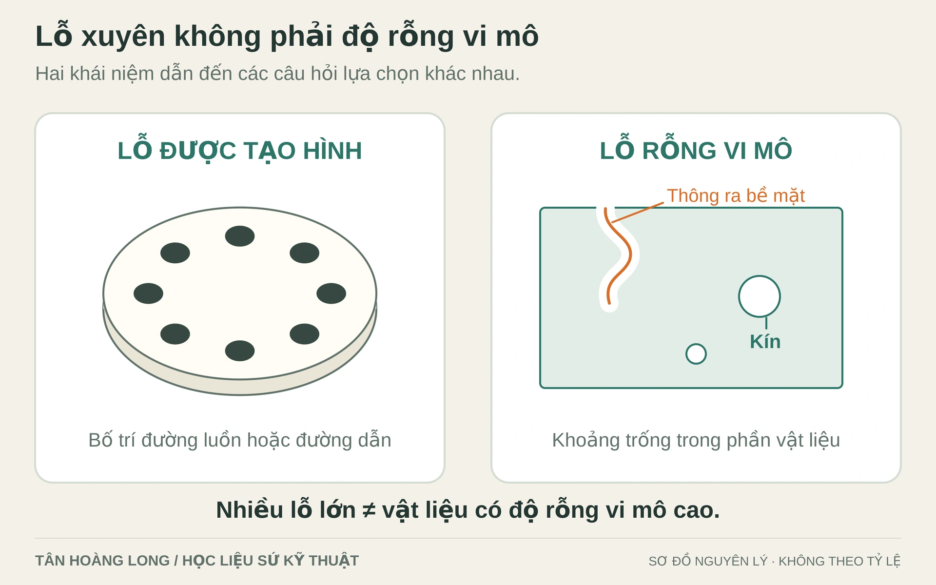 Bên trái là lỗ được thiết kế trong chi tiết. Bên phải là lỗ rỗng mở và kín trong phần vật liệu. Không thể suy độ hút nước từ số lỗ lớn nhìn thấy.